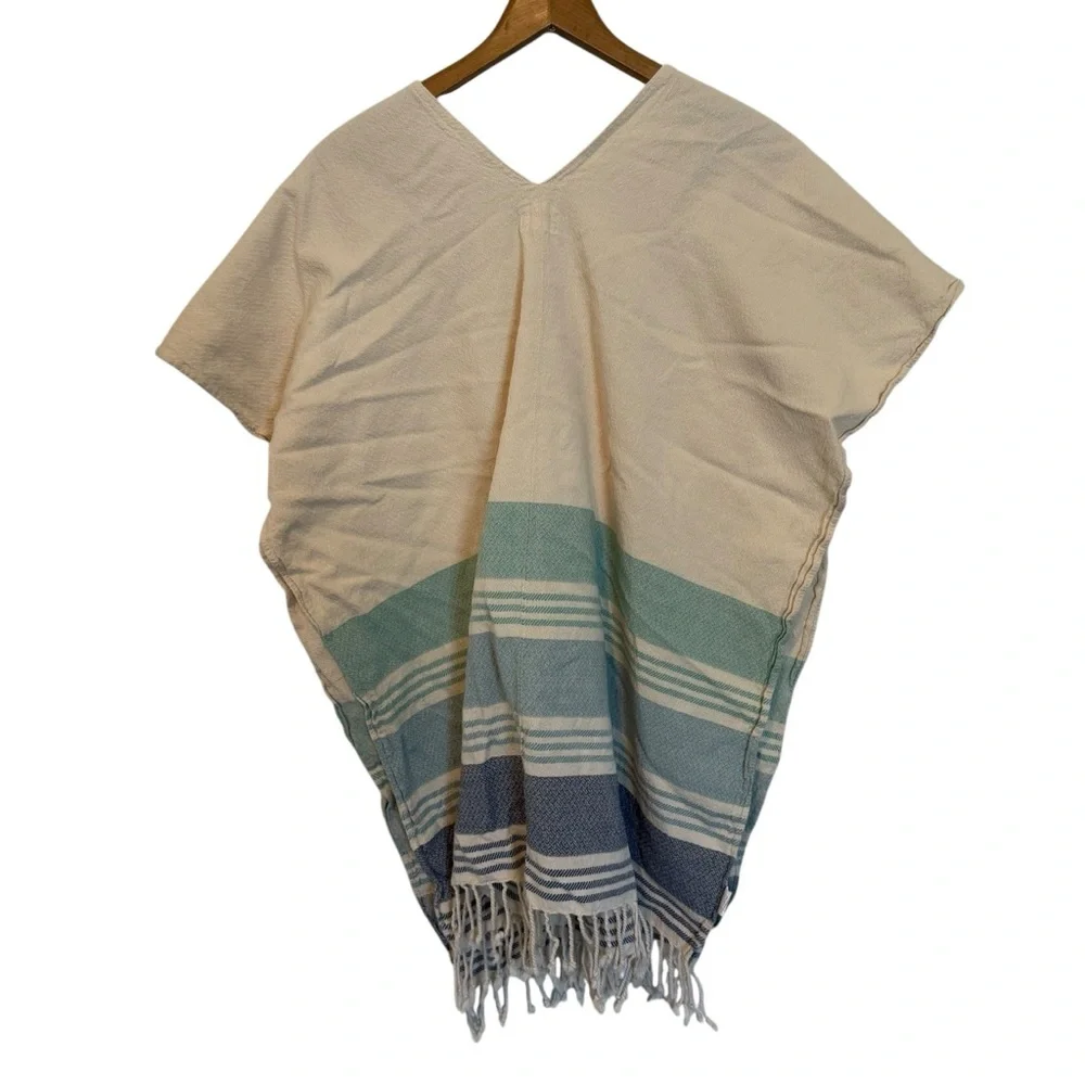 Tribe Alive One Size Fits Blue and Ivory Poncho Cotton Kaftan Beach